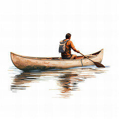Serene Adventure: Solo Canoeist Paddling on Calm Waters with Reflections - Outdoors Exploration and Recreation Illustration