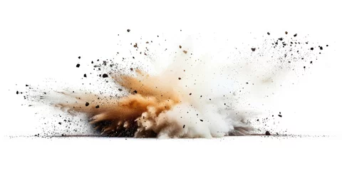 Foto op Plexiglas a brown splash painting on white background, brown powder dust paint beige brown explosion explode burst isolated splatter abstract. brown smoke or fog particles explosive special effect © Planetz