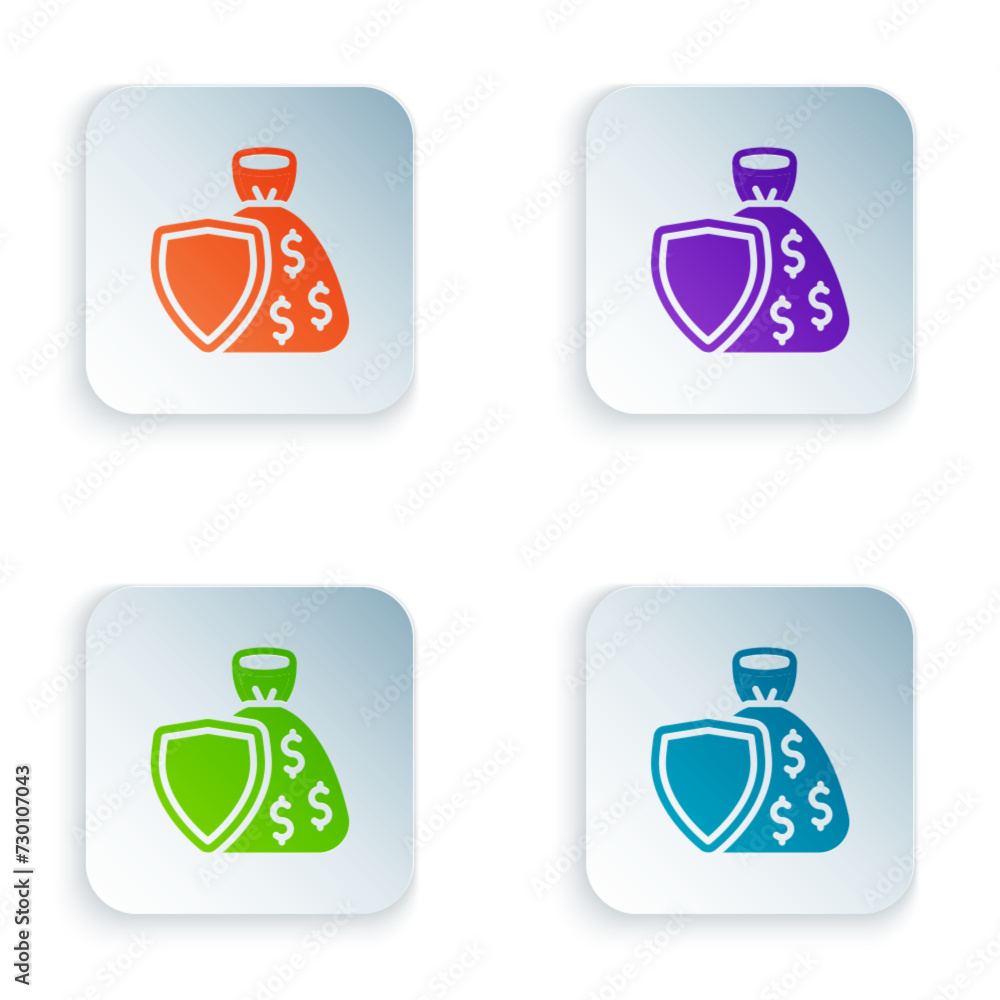 Poster color shield and money bag with dollar symbol icon isolated on white background. security shield pro