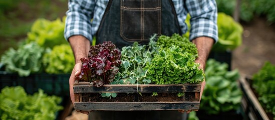 The farmer holds a crate of fresh organic produce, including microgreens and lettuce, for a small bio food business.