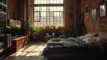 3d rendering of a bedroom interior in loft industrial style. Ai generative.