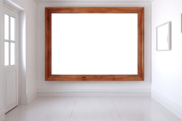 empty wooden picture frame on white wall background
