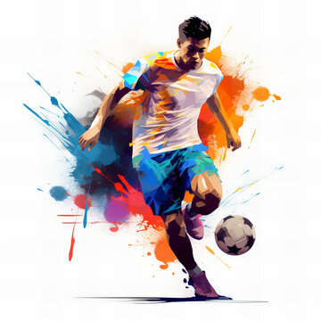 Dramatic Soccer Player in Action with Colorful Paint Splashes Artistic Illustration for Sports Design and Event Promotion