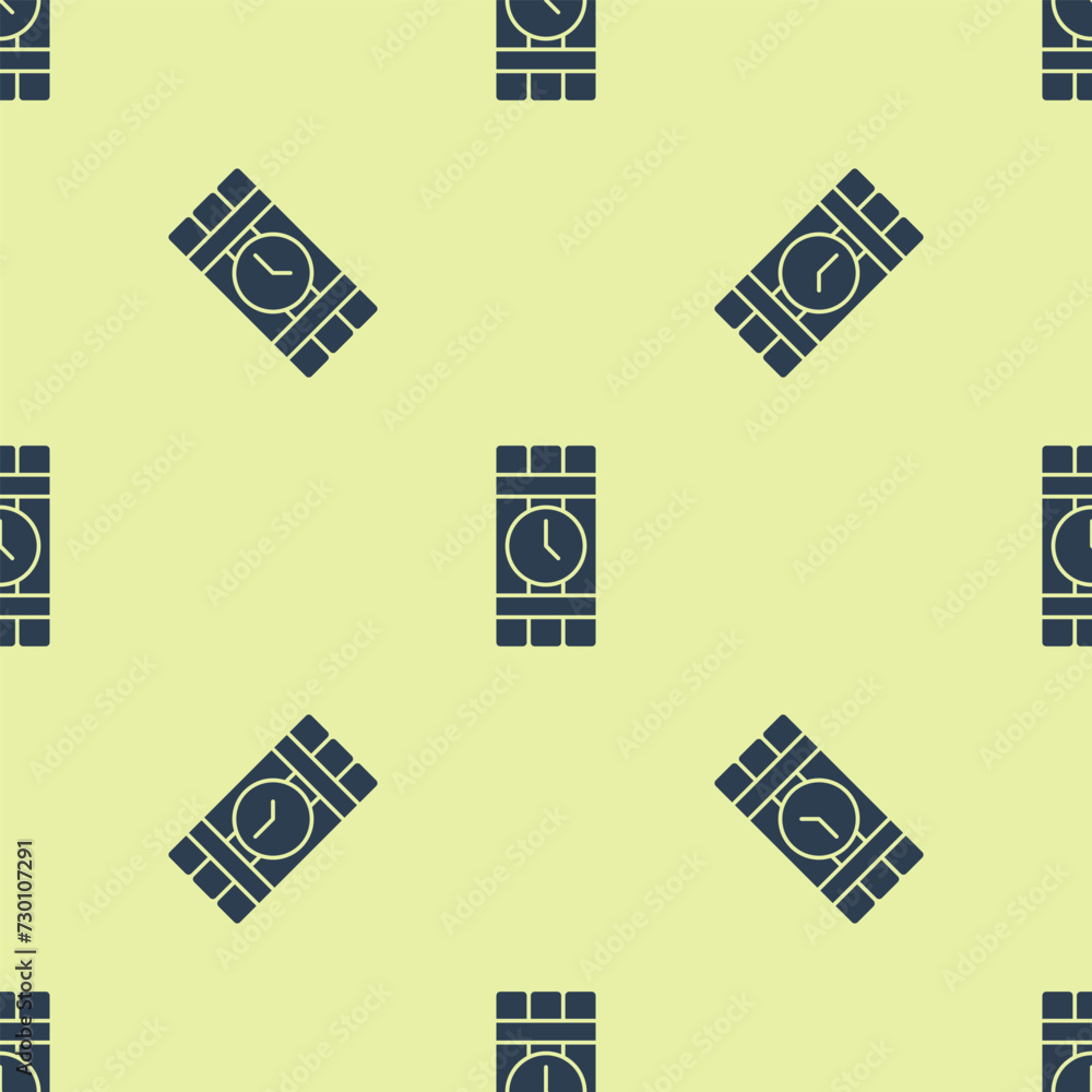 Poster blue detonate dynamite bomb stick and timer clock icon isolated seamless pattern on yellow backgroun