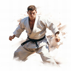 Dynamic Martial Artist in Action - Traditional Karate Gi and Black Belt - Powerful Combat Stance Illustration