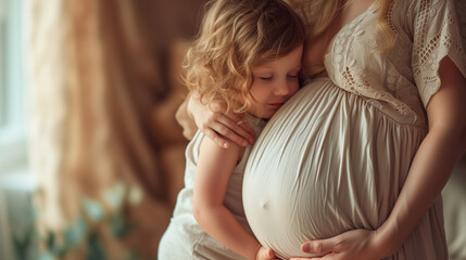 Young girl kissing belly of her pregnant mother. Caucasian girl kissing belly of pregnant mother. Pregnant mother and daughter having fun time at home. Happy for the new sister. Girl touching pregnant - obrazy, fototapety, plakaty