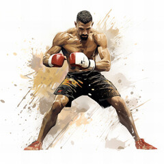 Dramatic Watercolor Illustration Of A Determined Boxer Ready For Combat, Dynamic Action Artwork For Sports And Fitness Themed Projects - obrazy, fototapety, plakaty