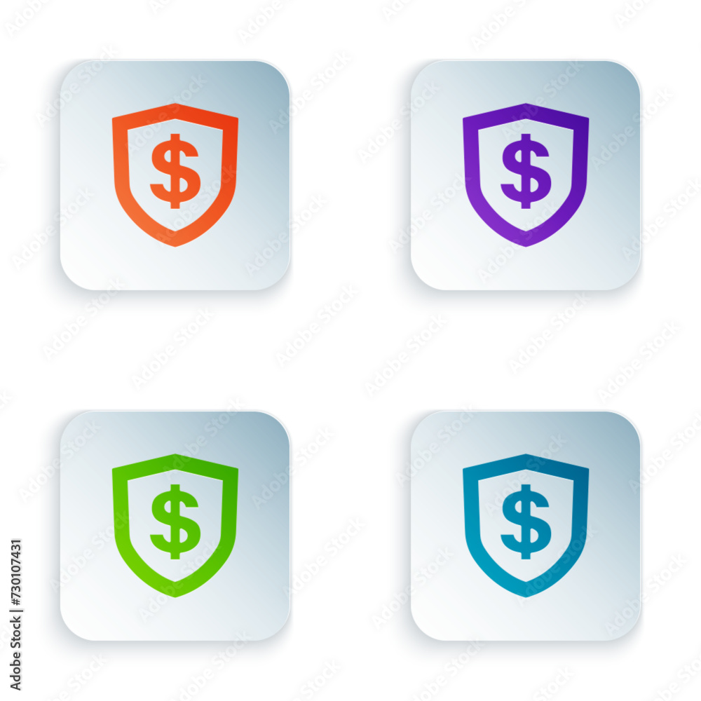 Poster color shield with dollar symbol icon isolated on white background. security shield protection. money