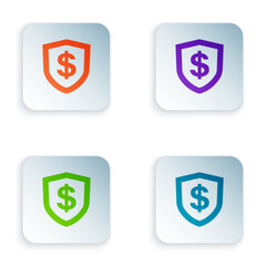 Color Shield with dollar symbol icon isolated on white background. Security shield protection. Money security concept. Set colorful icons in square buttons. Vector