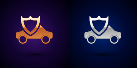 Gold and silver Car with shield icon isolated on black background. Insurance concept. Security, safety, protection, protect concept. Vector