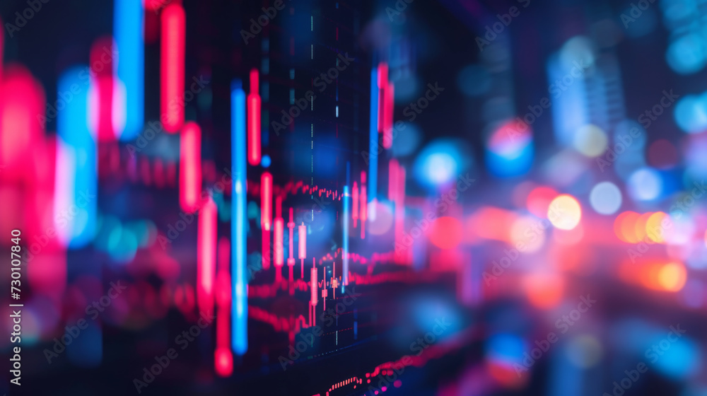Poster a blurred close-up view of a financial stock market graph on a digital screen with various data poin