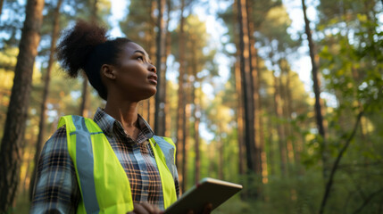 middle-aged woman in a forest looking up thoughtfully while holding a digital tablet, wearing a yellow reflective vest over a plaid shirt.