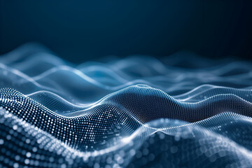 an abstract design of a digital wave of particles, using white dots on a blue background. The dots form smooth and dynamic patterns that create a sense of depth and movement.