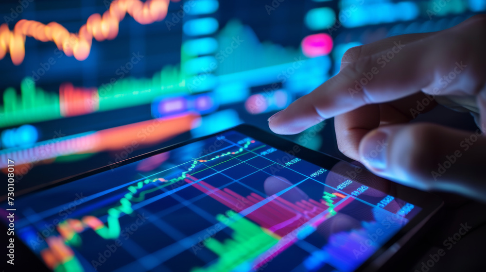 Poster a person is holding a smartphone with stock market data on the screen, with a blurred background sho