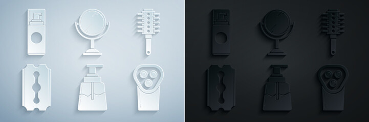 Set Aftershave, Hairbrush, Blade razor, Electrical hair clipper shaver, Hand mirror and Shaving gel foam icon. Vector - obrazy, fototapety, plakaty