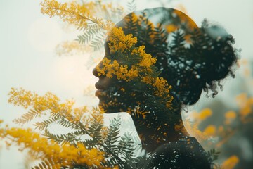 A double exposure image of a woman and a mimosa branch flower. For International Women's Day - obrazy, fototapety, plakaty