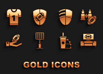 Set Bright stadium lights, American on tv program stand, Football ticket paper glass soda with drinking straw, hand, club logo template, jersey and shield icon. Vector