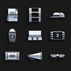 Set , Megaphone, 3D cinema glasses, Play Video, 4k movie, tape, frame, Popcorn cardboard box, Cap with inscription director and Scenario icon. Vector