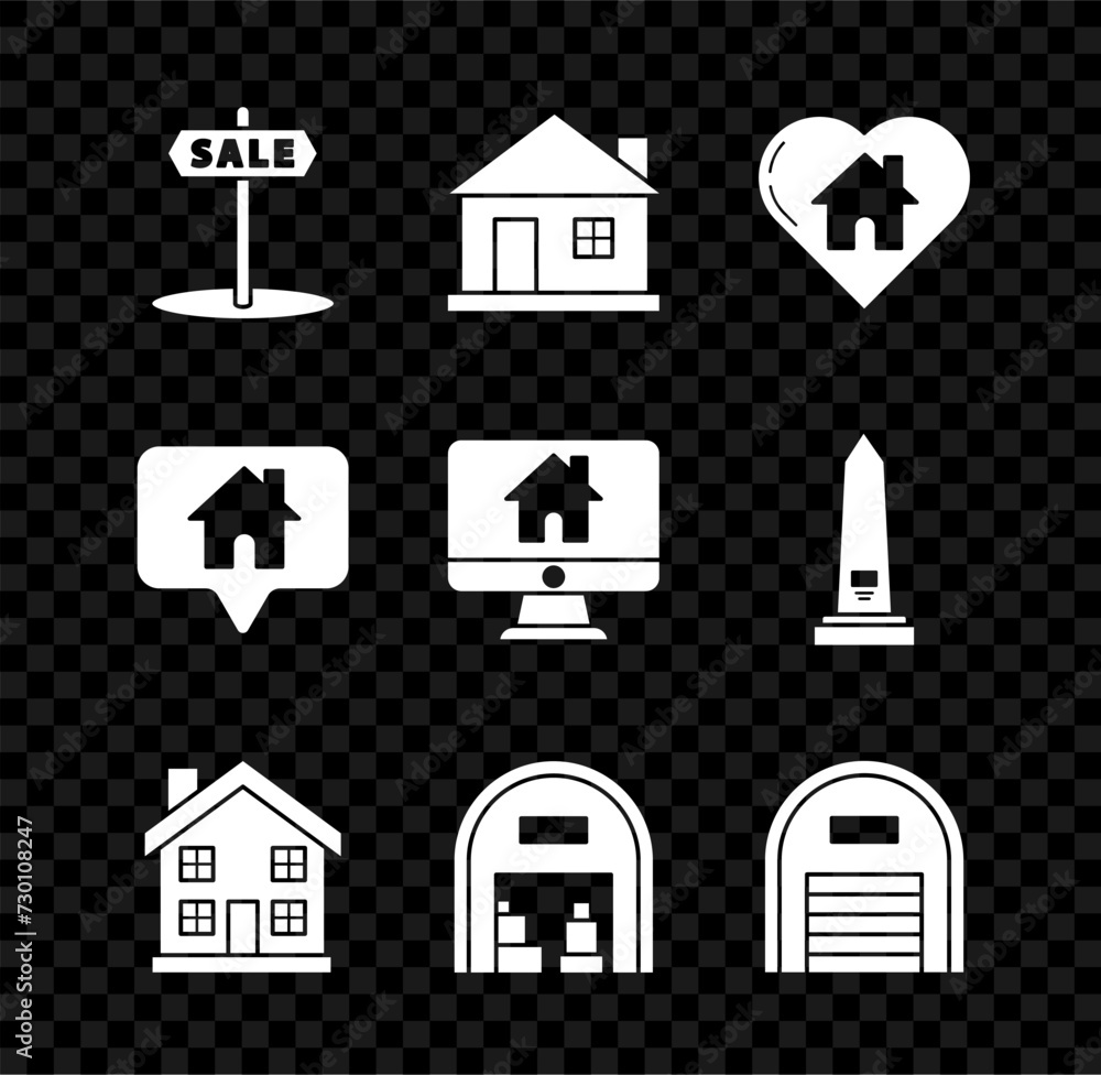 Poster set hanging sign with text sale, house, heart shape, home symbol, warehouse, map pointer and compute