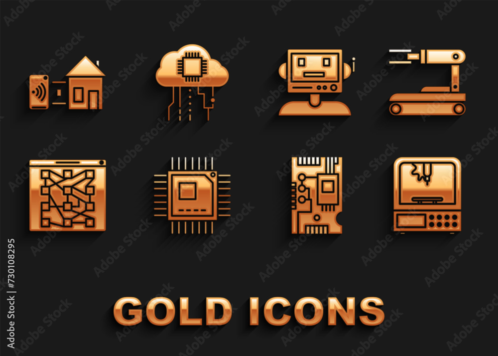 Poster set processor with microcircuits cpu, robot, 3d printer, electronic computer components motherboard 