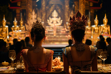 A couple watching a traditional Thai cultural show in Phuket, with dancers in elaborate costumes...