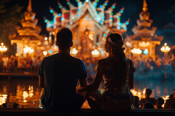 A couple watching a traditional Thai cultural show in Phuket, with dancers in elaborate costumes...