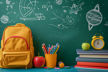 vibrant green backdrop adorned with educational elements. A yellow backpack, orange alarm clock, apple, and a cup of colorful pencils are thoughtfully arranged. Stacked books with a toy bus