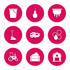 Set Cheese, Wooden box with harvest, Farm House concept, Honeycomb, Tractor, Shovel in the ground, Udder and Bucket icon. Vector