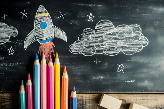 Launching Inspiration: Colored Pencils Form Rocket on Wooden Surface, Evoking Creativity Against Chalkboard Backdrop