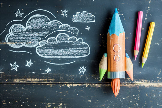 Launching Inspiration: Colored Pencils Form Rocket on Wooden Surface, Evoking Creativity Against Chalkboard Backdrop