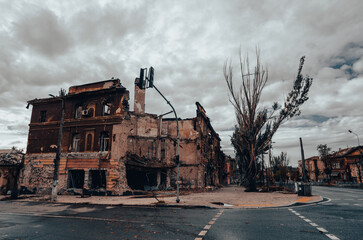 destroyed and burned houses in the city during the war in Ukraine