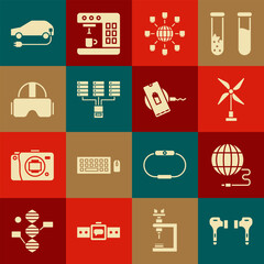 Set Air headphones, Social network, Wind turbine, Server, Data, Web Hosting, Virtual reality glasses, Electric car and Wireless charger icon. Vector
