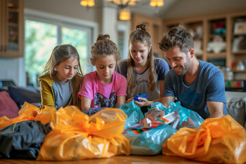 A family filling donation bags with gently used clothes, toys, and books, organizing them in their living room for a charity pickup - obrazy, fototapety, plakaty