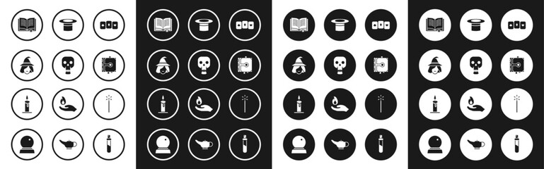 Set Playing cards, Skull, Witch, Ancient magic book, Magician hat, wand and Burning candle candlestick icon. Vector