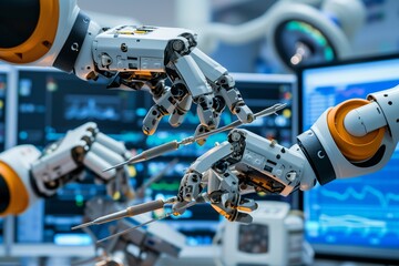 Fototapeta premium Close-up of advanced robotic arms equipped with precision tools, engaged in a complex surgical operation. hand of the robot with the machine