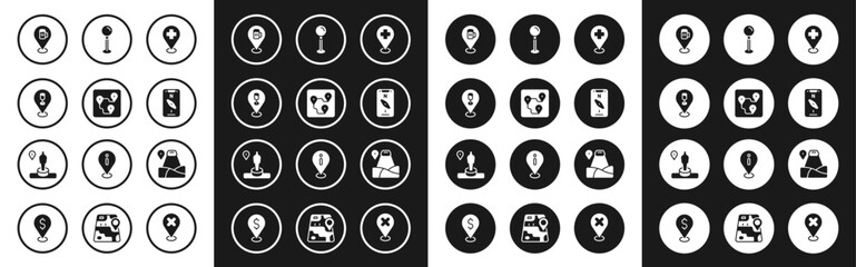Set Medical location with cross, Route, Alcohol or beer bar, Compass mobile, Push pin, Location mountain and and monument icon. Vector