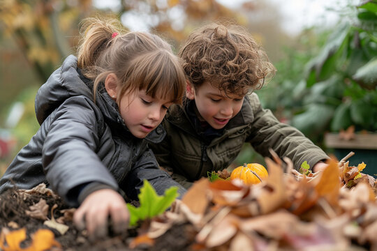 Children helping their parents collect fallen leaves and food waste for a compost heap, learning about natural cycles in their garden