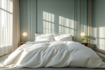 Fototapeta na wymiar Minimal bedroom, House interior design backdrop, White modern bedroom, Simple design.