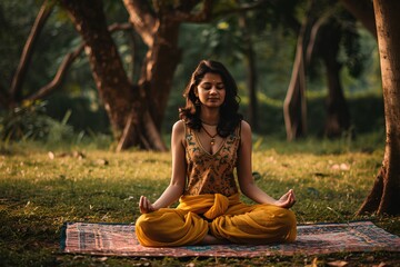 Portrait of young indian woman doing yoga at the park