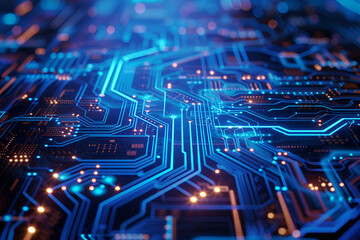 a close-up view of an electronic circuit board illuminated by bright blue lights. The intricate pathways and connections on the surface create a futuristic and technological aesthetics - obrazy, fototapety, plakaty