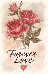 watercolor illustration for Valentines Day with text forever love