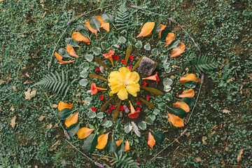 earth altar mandala of flowers and natural elements, ritual, ceremony