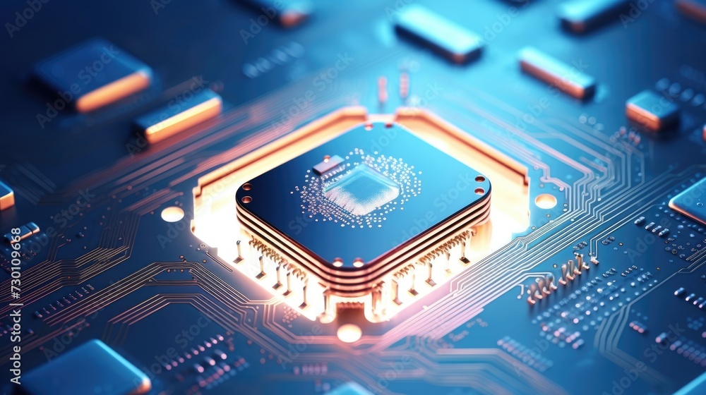 Poster futuristic love technology. heart symbol on a microchip with data flowing across circuit board.