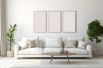 Living Room Interior Design with Picture Frame Mockup, Blank Canvas, Cozy White Sofa with Pillow, and House Plant