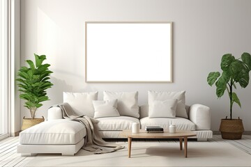 Living Room Interior Design with Picture Frame Mockup, Blank Canvas, Cozy White Sofa with Pillow, and House Plant