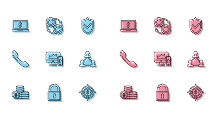 Set line Cryptocurrency coin Bitcoin, Financial chart or graph on the computer monitor and mobile phone, Project team base, Telephone handset and Gear arrows workflow process concept icon. Vector