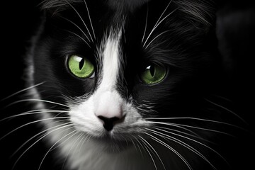 Portrait of Cute Black and White Cat with Green Eyes - Domestic Animal Felino