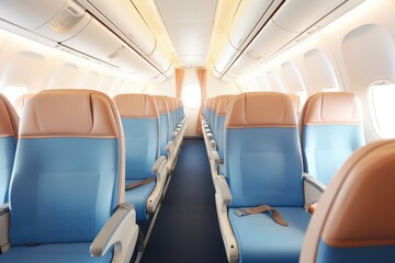 Empty Airplane Cabin Interior for Comfortable Flight Experience: Airline Passenger Chairs and Aisle