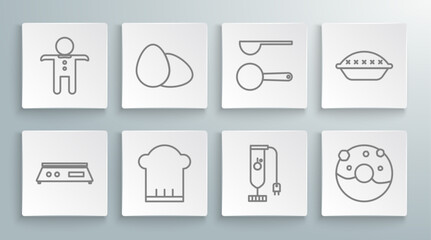 Set line Electronic scales, Chicken egg, Chef hat, Blender, Donut with sweet glaze, Measuring spoon, Homemade pie and Holiday gingerbread man cookie icon. Vector