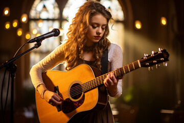 Obraz premium Teenager playing the guitar in a church, in front of a microphone.